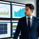 A professional individual, fully clothed in a modern business suit, meticulously strategizing in a contemporary office setting. The person is analyzing data on a large, high-tech display, with various charts and graphs visible, conveying a sense of deep focus and efficient planning. The background is clean and minimalistic, emphasizing a professional atmosphere. Perfect anatomy, correct proportions, natural pose, well-formed hands, proper finger count, natural body proportions. Safe for work, appropriate content, fully clothed, professional dress, high quality.