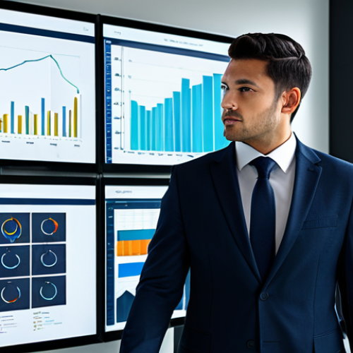 A professional individual, fully clothed in a modern business suit, meticulously strategizing in a contemporary office setting. The person is analyzing data on a large, high-tech display, with various charts and graphs visible, conveying a sense of deep focus and efficient planning. The background is clean and minimalistic, emphasizing a professional atmosphere. Perfect anatomy, correct proportions, natural pose, well-formed hands, proper finger count, natural body proportions. Safe for work, appropriate content, fully clothed, professional dress, high quality.